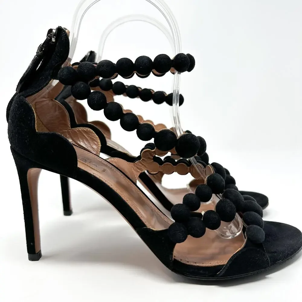 Alaia Bombe Heels Sandals Shoes Black Suede Ankle Strap EU 37 US 6.5